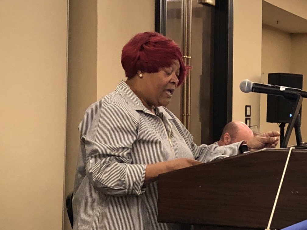 Photo of Sharon Molden speaking about the BBSU grant in Brockton.